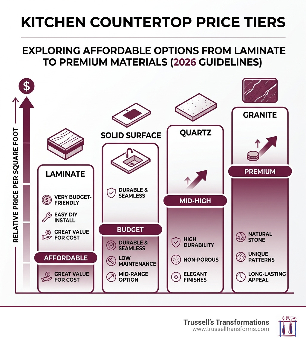 Countertop Price Tiers By Material From Laminate To Quartz And Granite - Cheap Countertops Near Me Infographic 