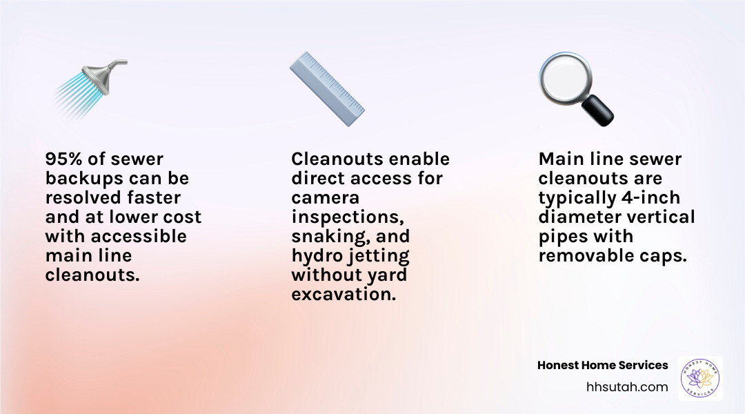 Infographic showing how home drains connect through the main sewer line to the city sewer main, with cleanout access point Infographic showing how home drains connect through the main sewer line to the city sewer main, with cleanout access point