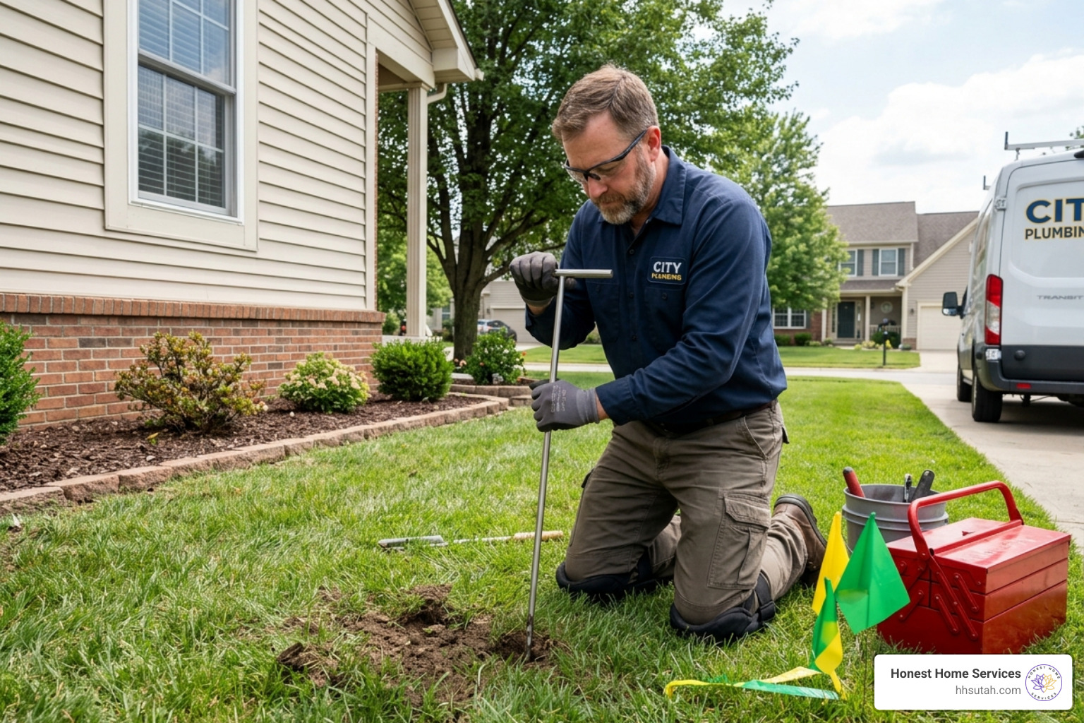 Plumber using a thin metal probe to locate a buried sewer cleanout pipe in a yard - main line sewer clean out Plumber using a thin metal probe to locate a buried sewer cleanout pipe in a yard - main line sewer clean out