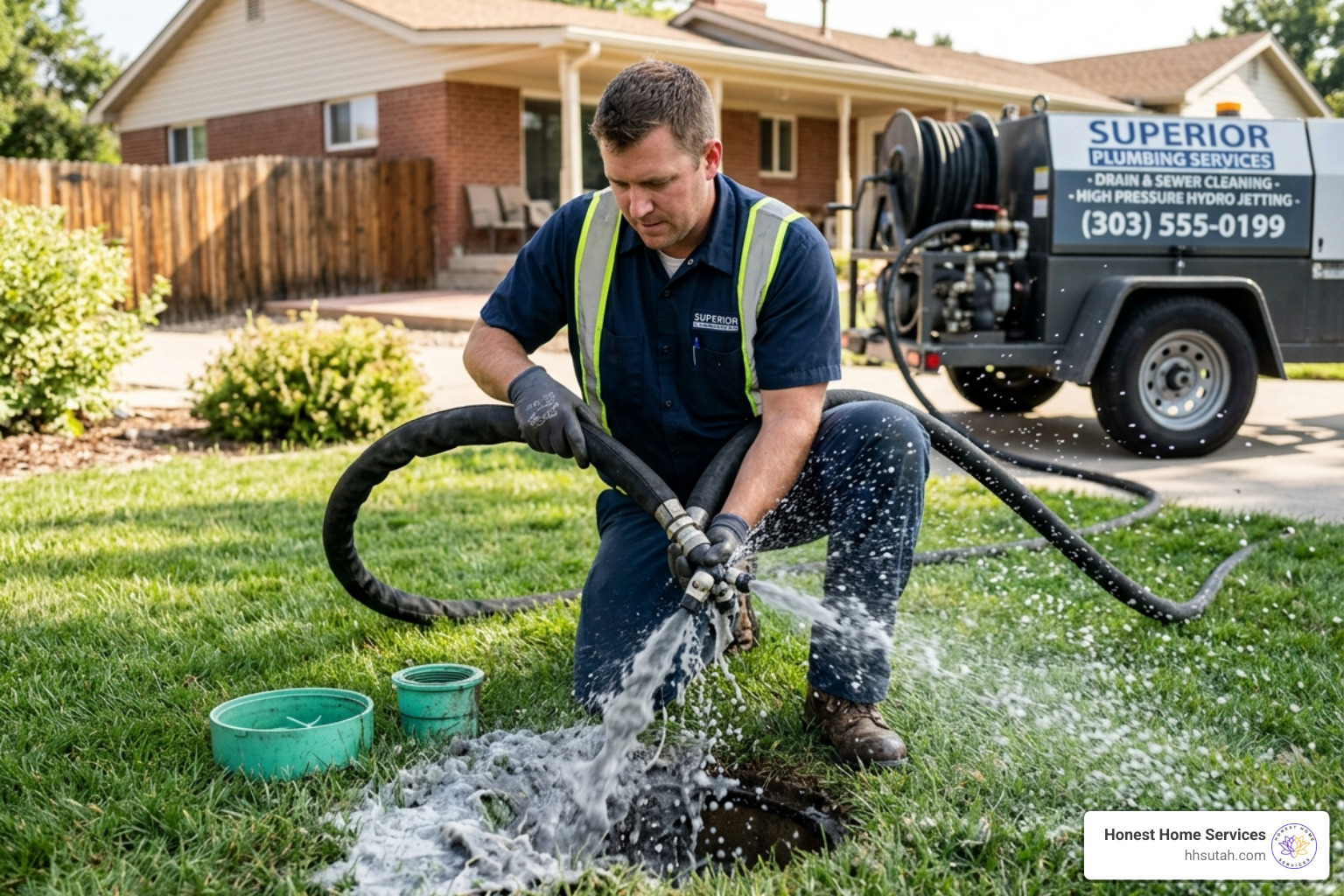 High-pressure hydro jetting hose being inserted into an outdoor sewer cleanout to clear grease and roots - main line sewer High-pressure hydro jetting hose being inserted into an outdoor sewer cleanout to clear grease and roots - main line sewer