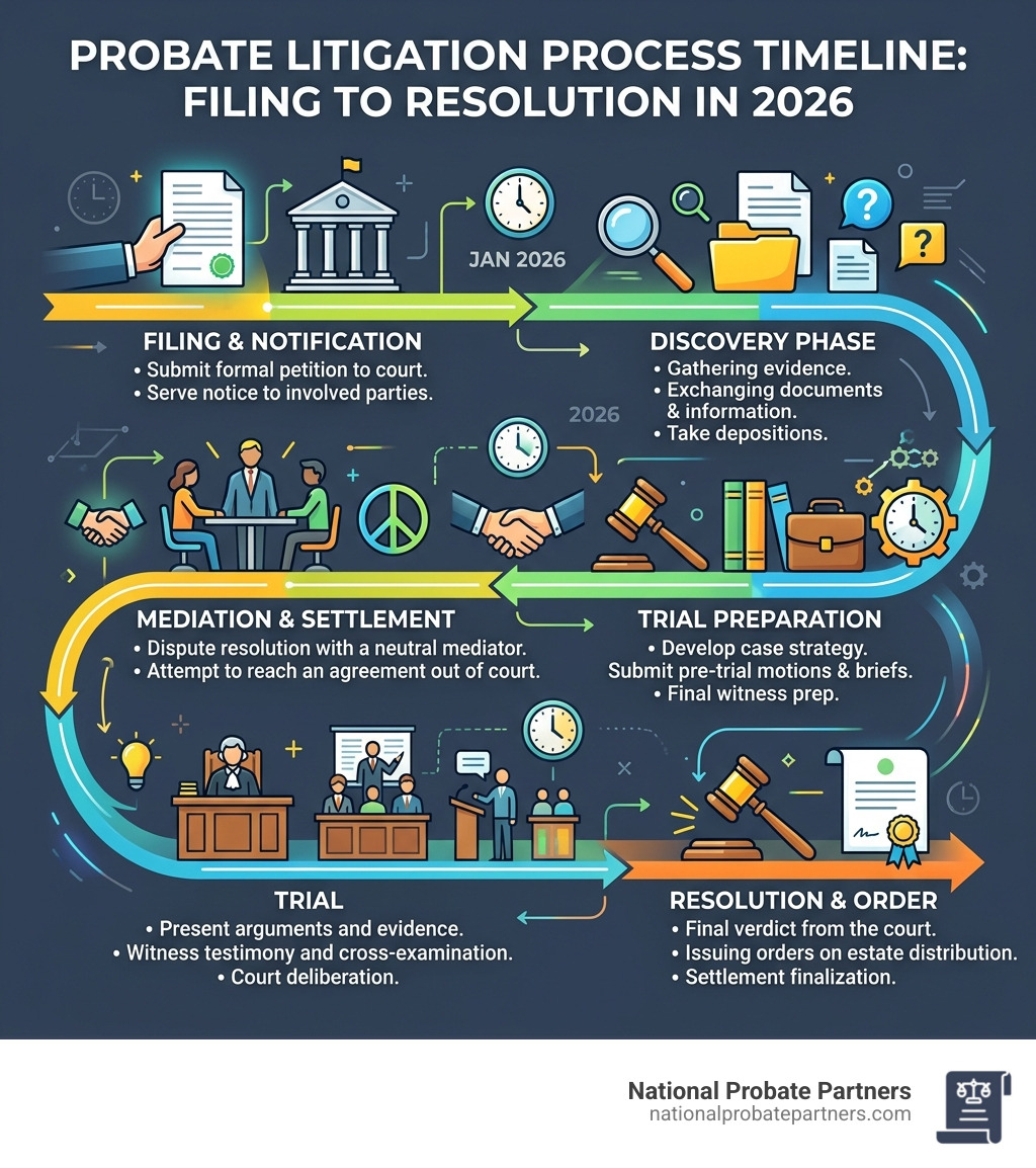 Probate litigation process timeline infographic from filing to resolution in 2026 - probate litigation lawyer infographic 