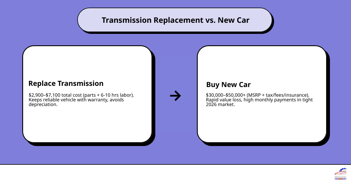 Infographic comparing transmission replacement cost vs buying a new car in 2026 - transmission replacement infographic Infographic comparing transmission replacement cost vs buying a new car in 2026 - transmission replacement infographic