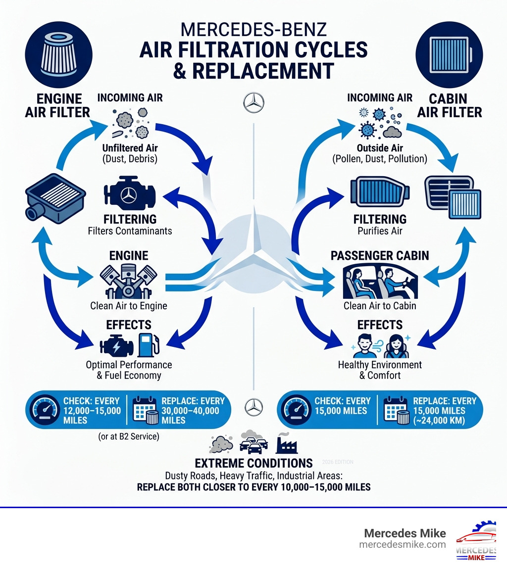 Air filtration cycle infographic for Mercedes-Benz engine and cabin air filters with replacement intervals - mercedes benz