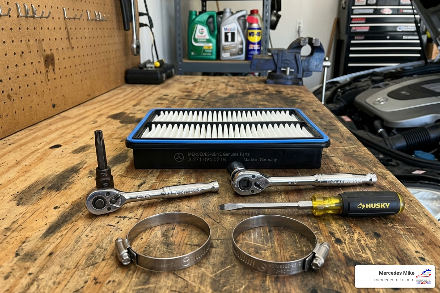 Tools required for Mercedes air filter replacement including T25 Torx and new filter element - mercedes benz air filter