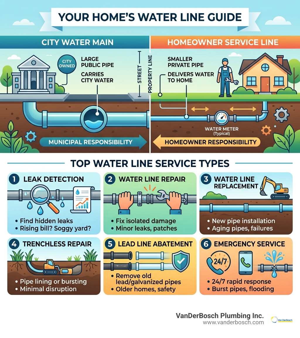 Infographic comparing water main vs. service line, homeowner responsibility, and top water line service types - water line Infographic comparing water main vs. service line, homeowner responsibility, and top water line service types - water line