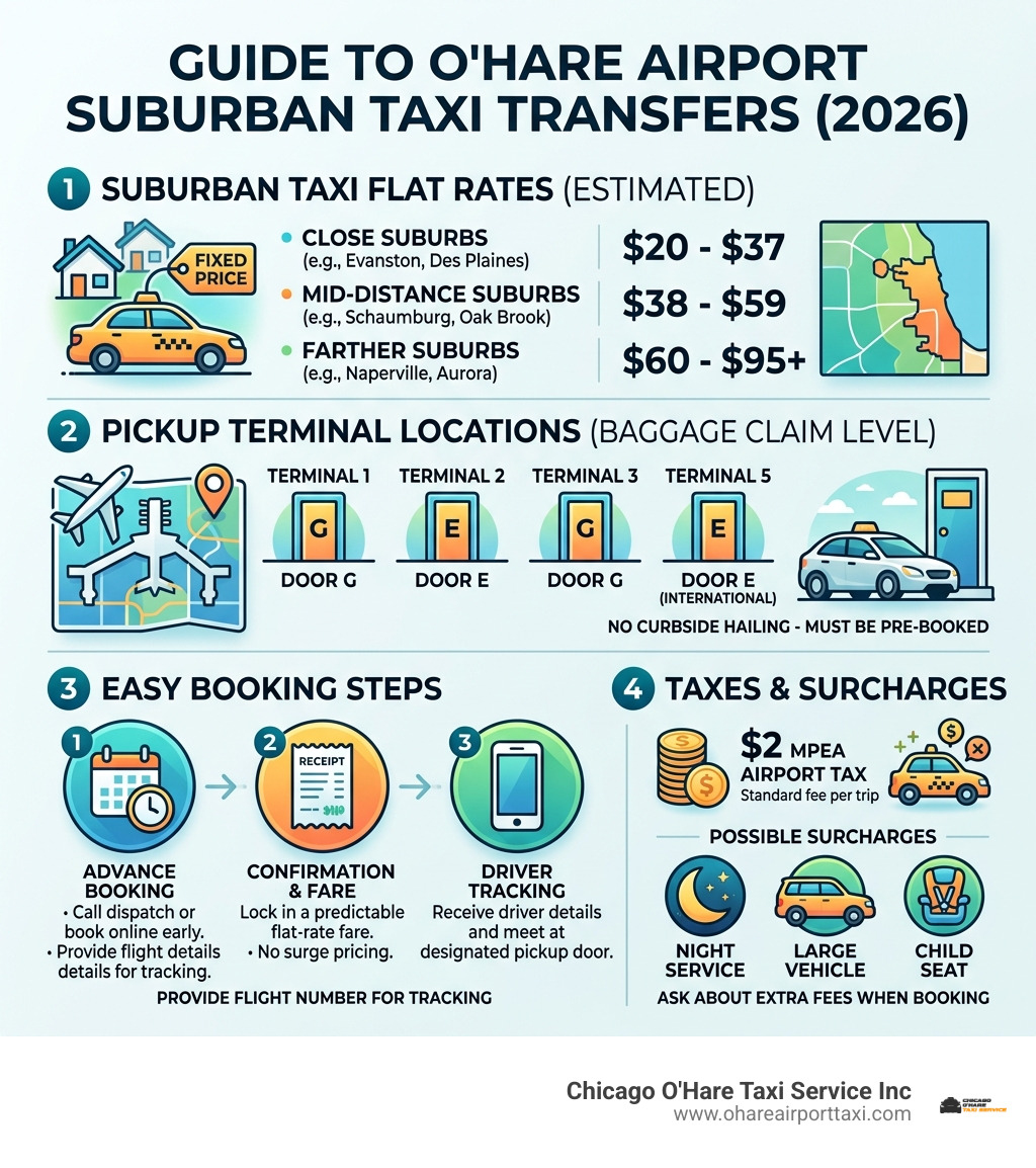 Infographic showing suburban taxi rates, pickup terminals, booking steps, and surcharges for O'Hare airport transfers in Infographic showing suburban taxi rates, pickup terminals, booking steps, and surcharges for O'Hare airport transfers in