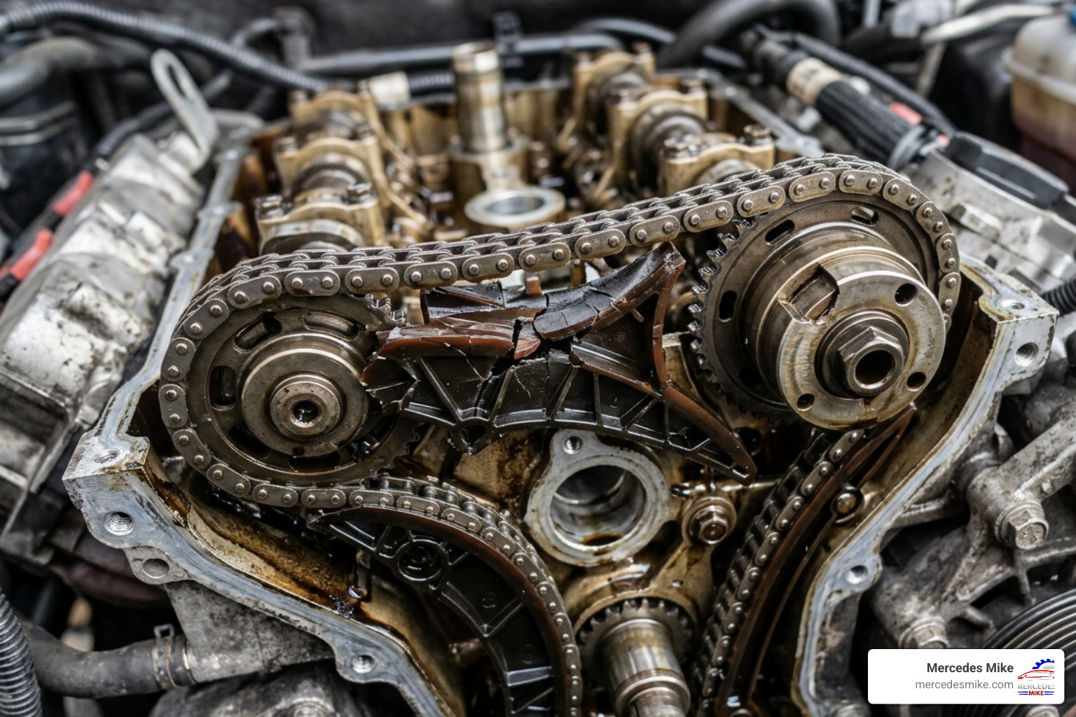A close-up of a damaged Audi timing chain and worn guides - audi a1 engine replacement cost