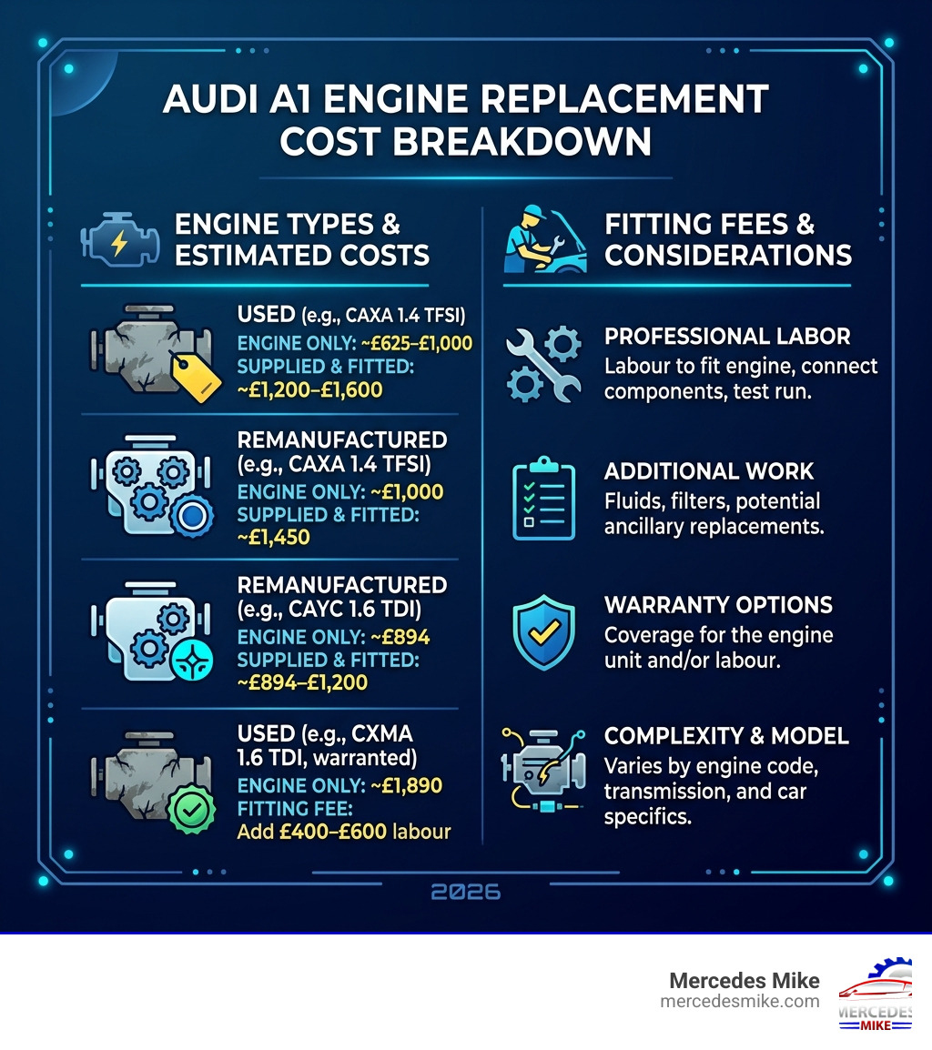 Audi A1 engine replacement cost breakdown infographic showing engine types, costs, and fitting fees - audi a1 engine