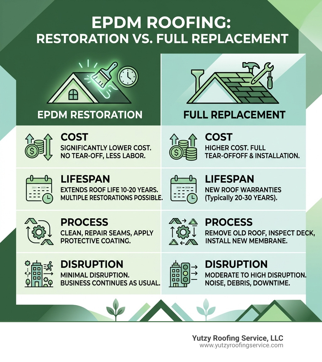 Infographic comparing EPDM restoration vs. full replacement: cost, lifespan, process, and disruption - Wisconsin EPDM Infographic comparing EPDM restoration vs. full replacement: cost, lifespan, process, and disruption - Wisconsin EPDM