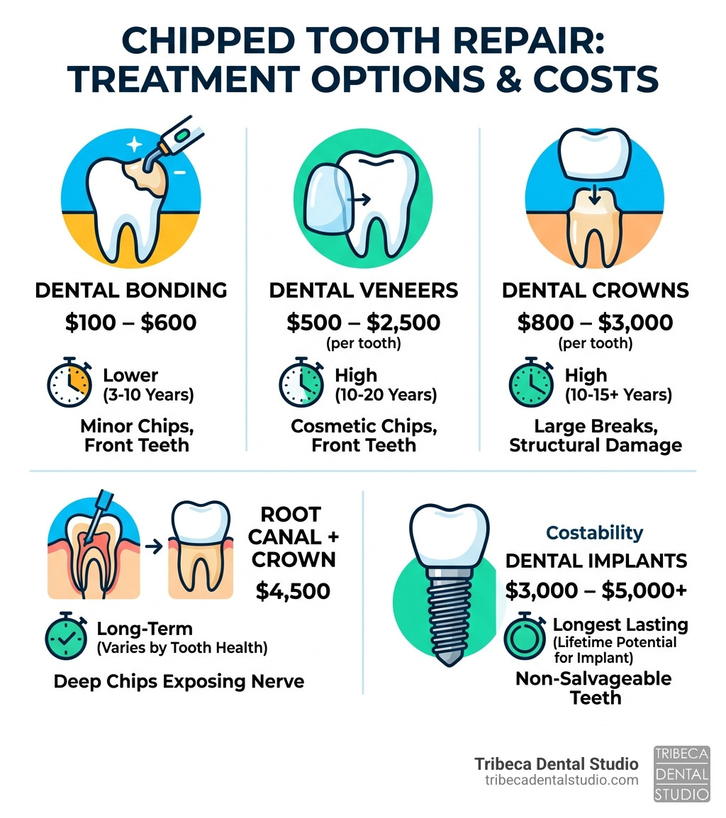 Chipped tooth repair cost comparison infographic showing treatment options, cost ranges, and durability - chipped tooth Chipped tooth repair cost comparison infographic showing treatment options, cost ranges, and durability - chipped tooth