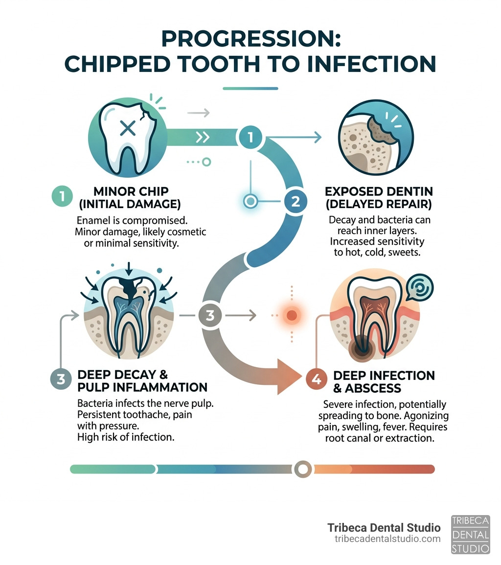 infographic showing tooth decay progression from a minor chip to a deep infection - chipped tooth repair cost near me infographic showing tooth decay progression from a minor chip to a deep infection - chipped tooth repair cost near me