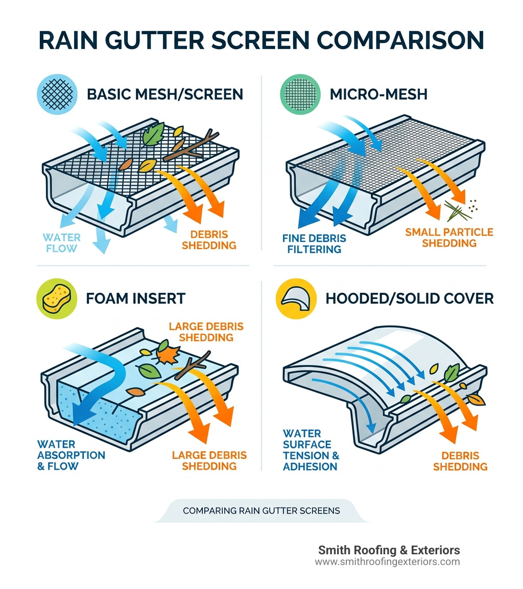 Infographic comparing rain gutter screen types: mesh, micro-mesh, foam, hooded — showing water flow and debris shedding Infographic comparing rain gutter screen types: mesh, micro-mesh, foam, hooded — showing water flow and debris shedding