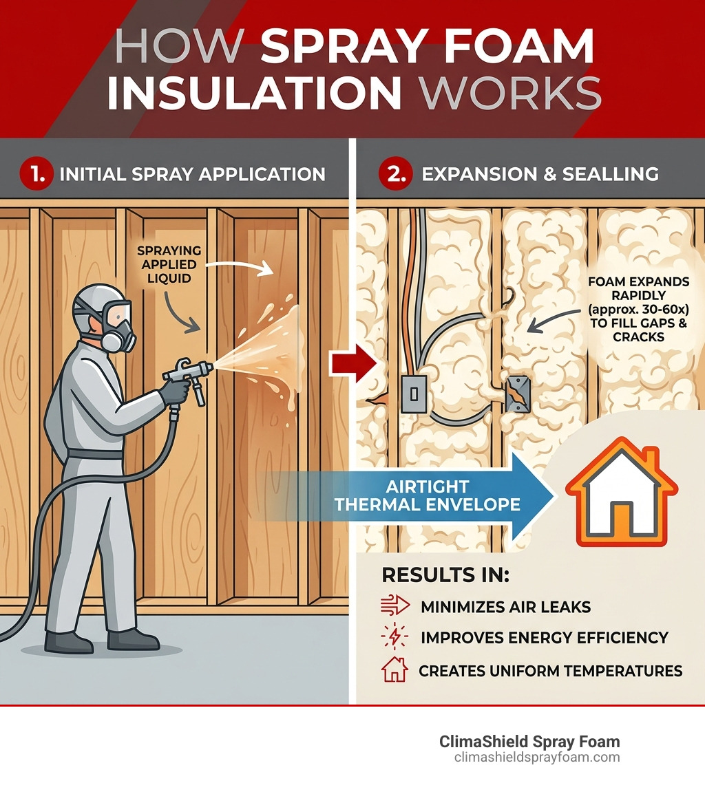 Infographic showing how spray foam expands to fill gaps and cracks in wall cavities, creating an airtight thermal envelope