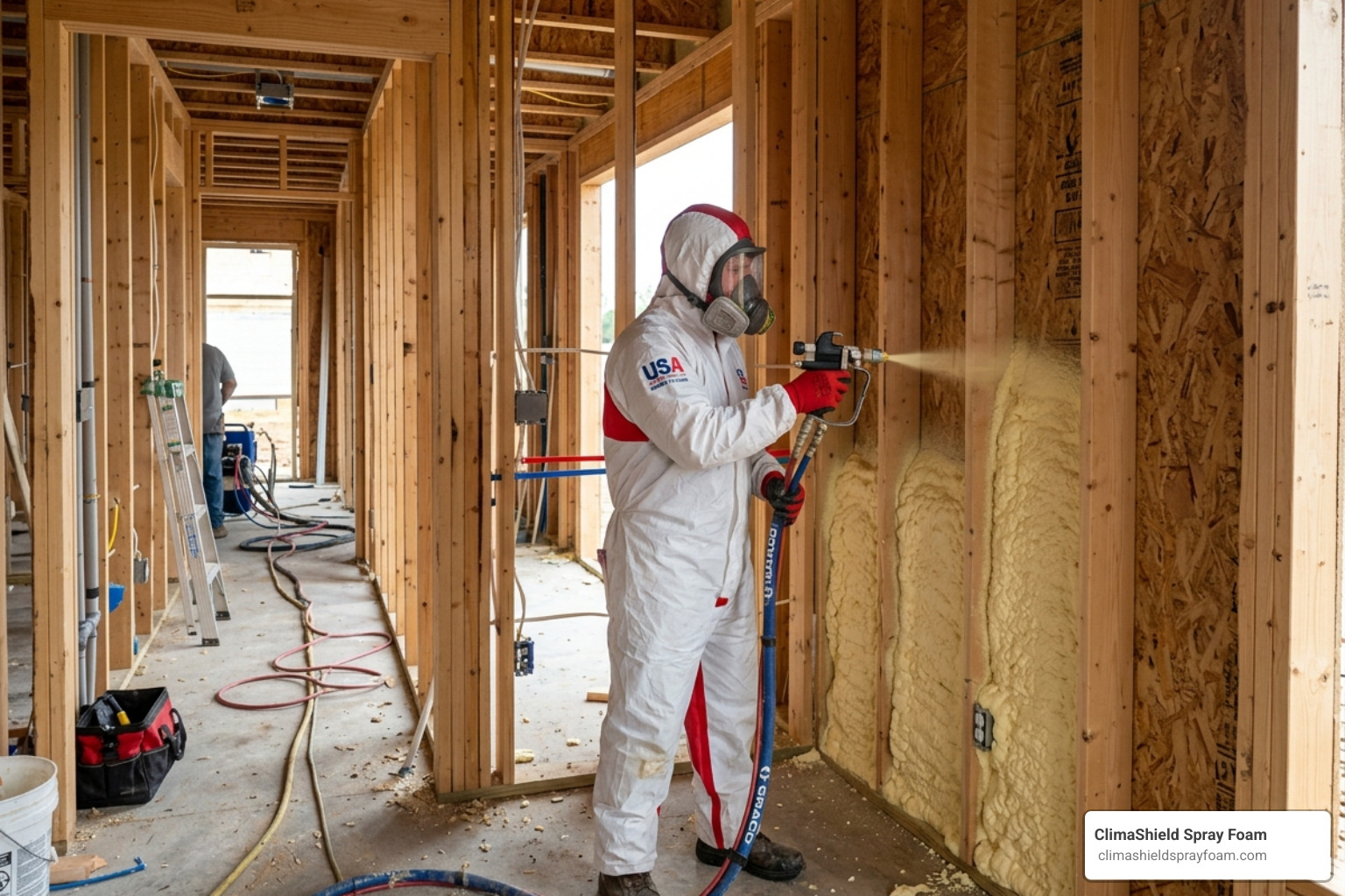 Professional installer applying spray foam to wall cavities in a new home - new home spray foam