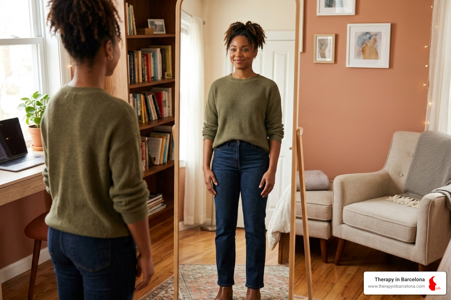 A person practicing confident, open body language while looking in a mirror - assertiveness in relationships A person practicing confident, open body language while looking in a mirror - assertiveness in relationships