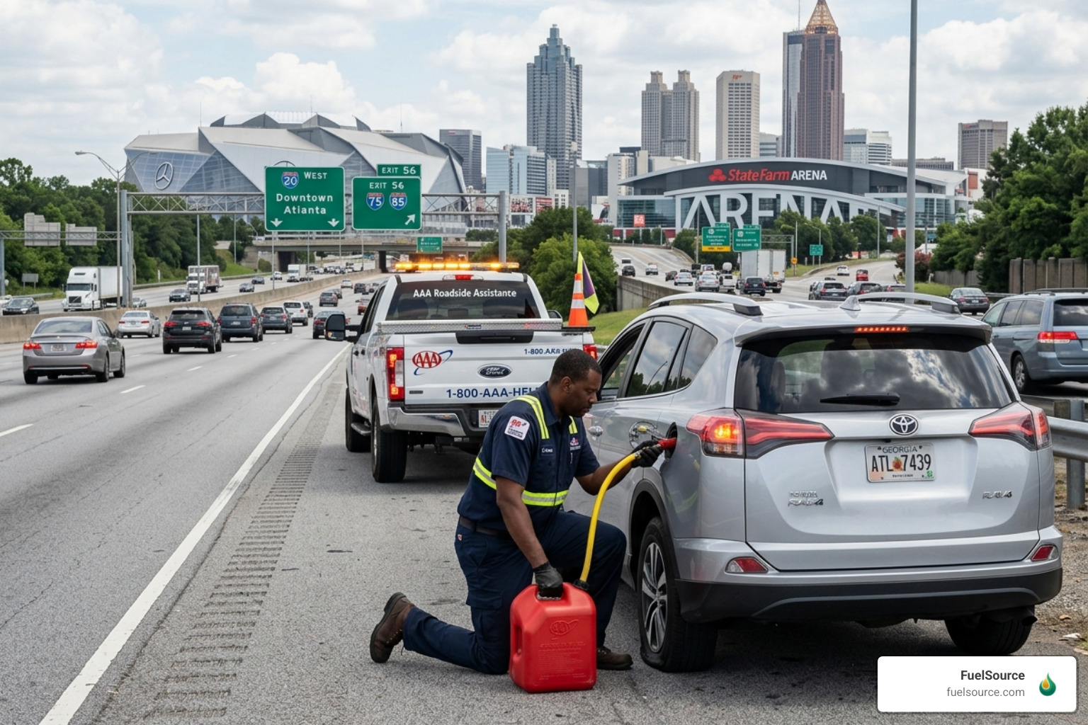Technician safely refueling a vehicle on an Atlanta roadside - emergency fuel delivery Atlanta Technician safely refueling a vehicle on an Atlanta roadside - emergency fuel delivery Atlanta