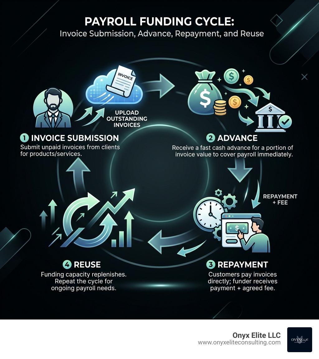 Payroll funding cycle: invoice submission, advance, repayment, and reuse - business payroll funding infographic Payroll funding cycle: invoice submission, advance, repayment, and reuse - business payroll funding infographic