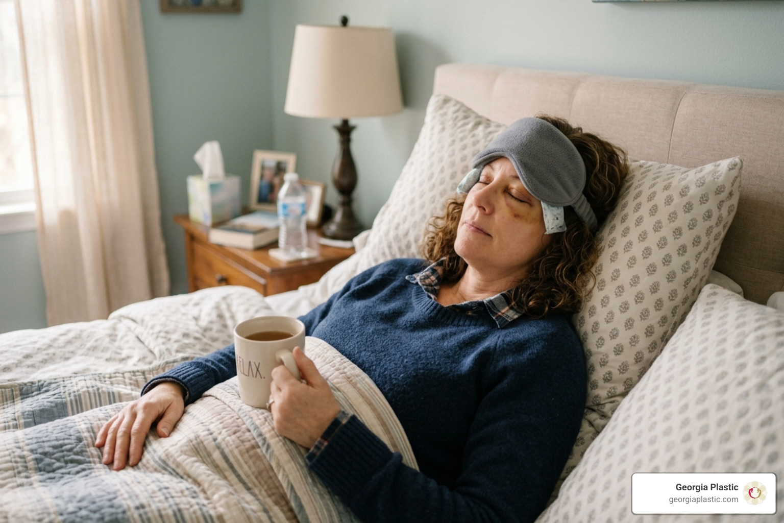 Patient using cold compresses and resting with head elevated post-surgery - eyelid surgery Patient using cold compresses and resting with head elevated post-surgery - eyelid surgery