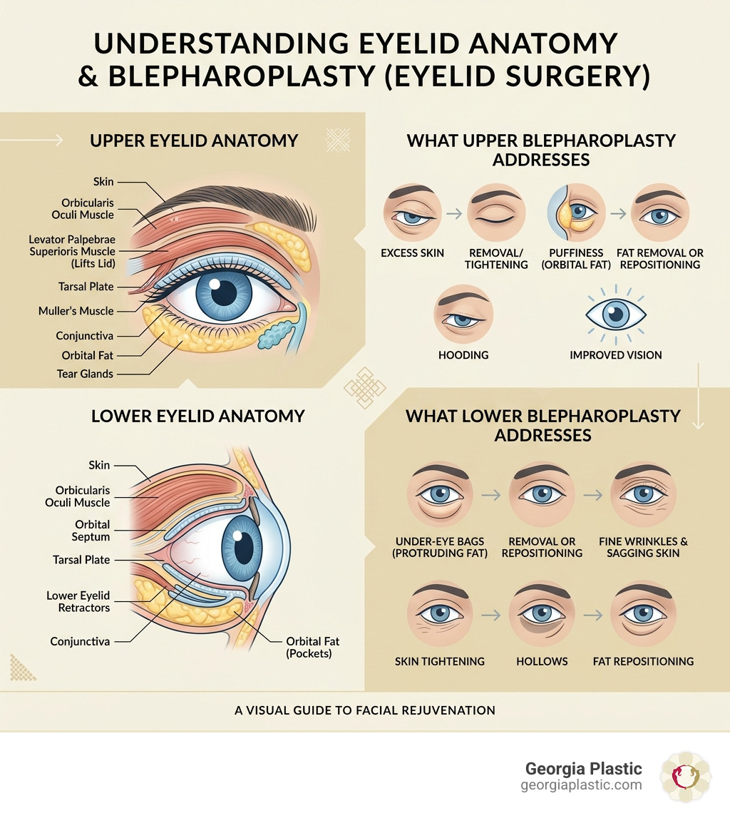 Infographic showing anatomy of upper and lower eyelids and what eyelid surgery addresses - eyelid surgery infographic Infographic showing anatomy of upper and lower eyelids and what eyelid surgery addresses - eyelid surgery infographic