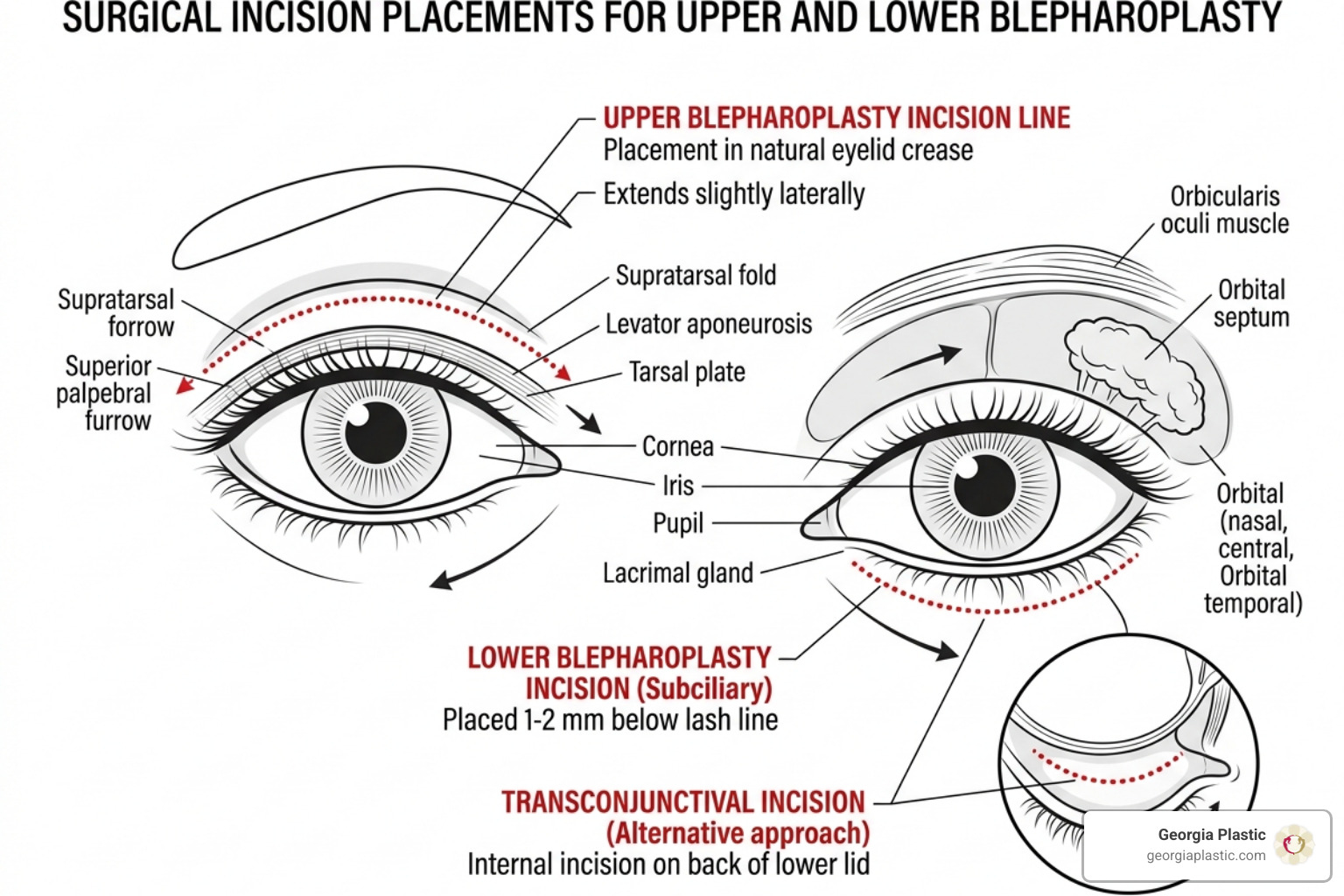 Diagram showing surgical incision placement for upper and lower blepharoplasty - eyelid surgery Diagram showing surgical incision placement for upper and lower blepharoplasty - eyelid surgery