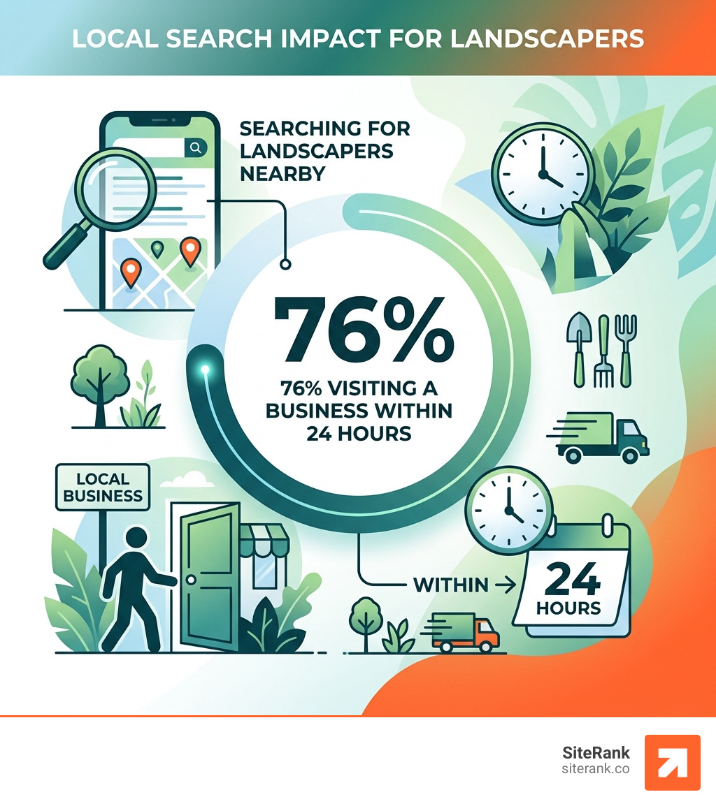 Stat showing that 76% of people who search for landscapers nearby visit a business within 24 hours - Google Maps SEO Stat showing that 76% of people who search for landscapers nearby visit a business within 24 hours - Google Maps SEO