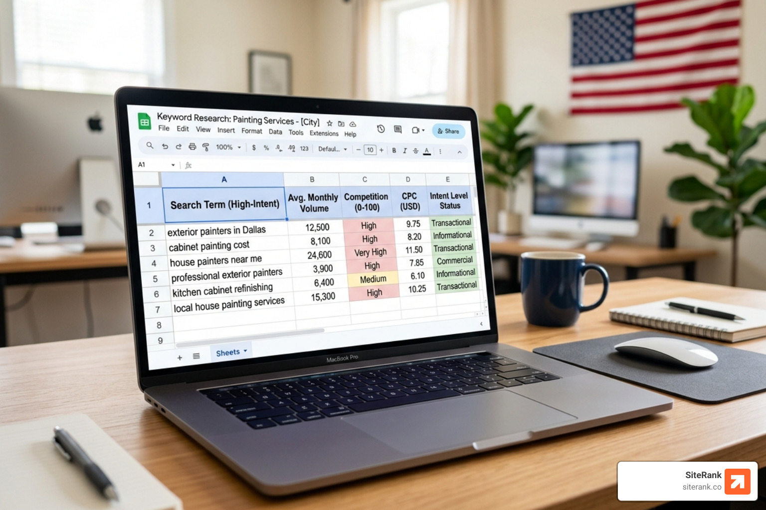 Keyword research spreadsheet showing high-intent search terms for painters and decorators - painter and decorator seo Keyword research spreadsheet showing high-intent search terms for painters and decorators - painter and decorator seo