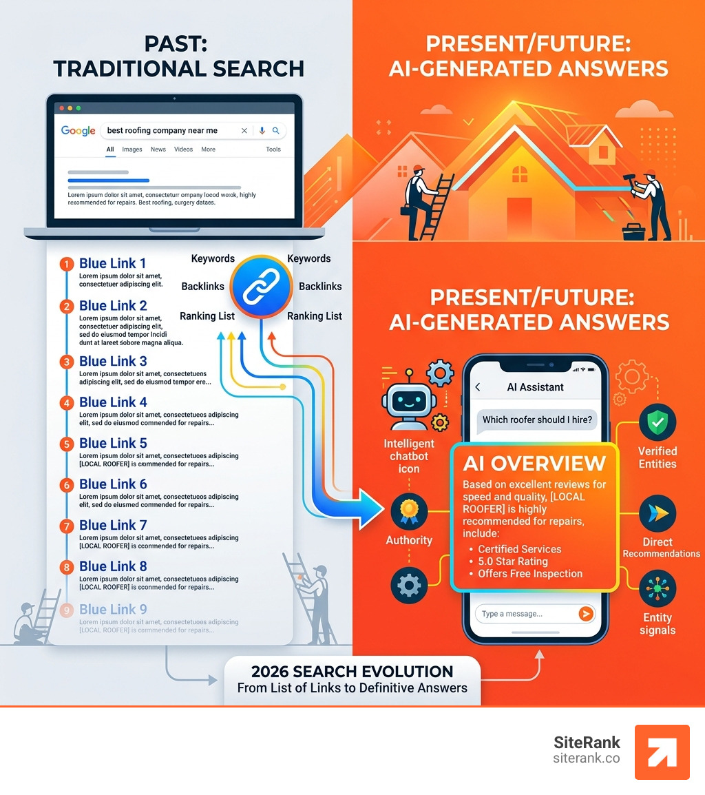 Infographic showing shift from traditional SERP blue links to AI Overview answer boxes for roofing searches - AI SEO roofing Infographic showing shift from traditional SERP blue links to AI Overview answer boxes for roofing searches - AI SEO roofing