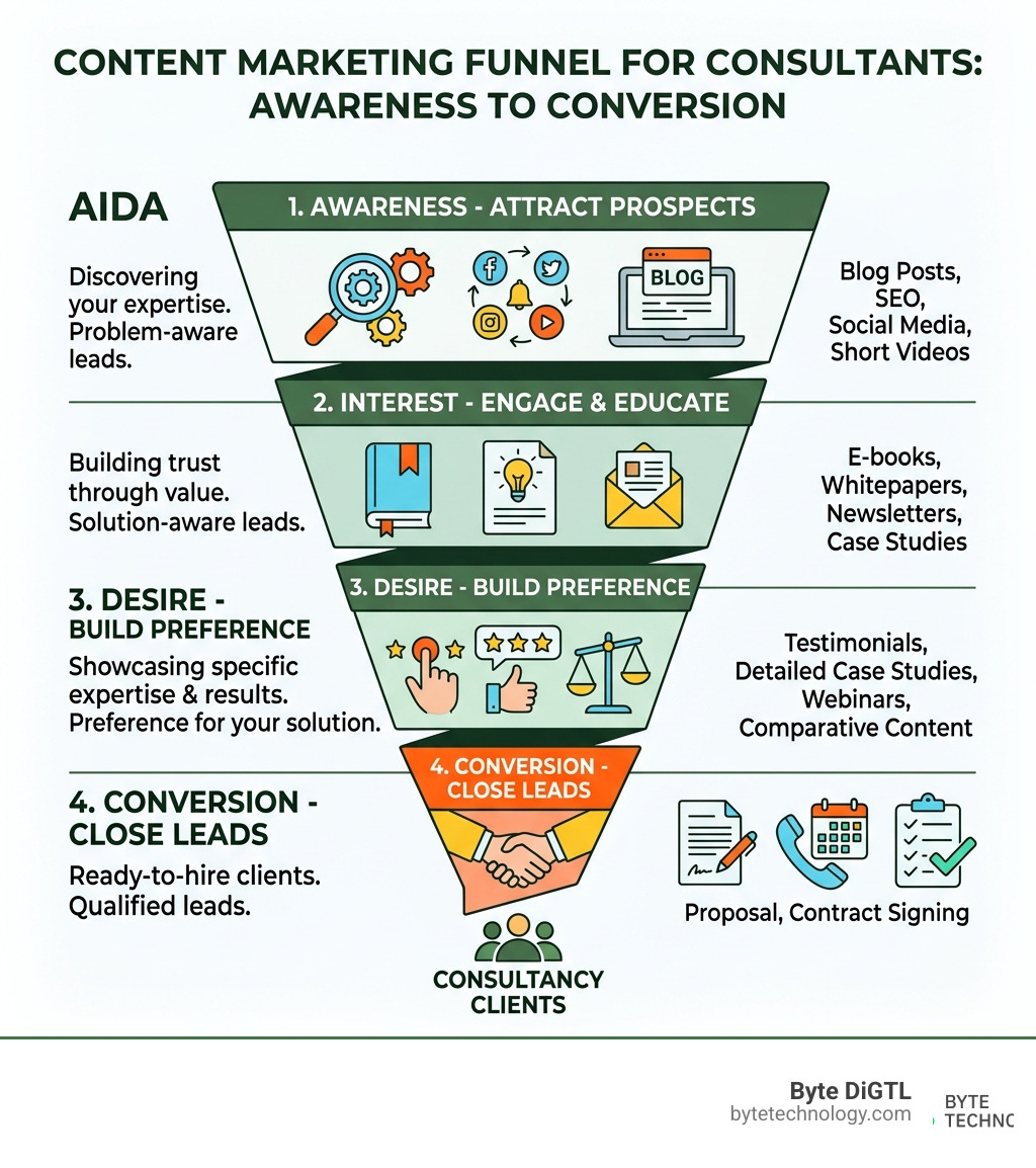 Content marketing funnel for consultants showing stages from awareness to conversion - consultant content marketing Content marketing funnel for consultants showing stages from awareness to conversion - consultant content marketing