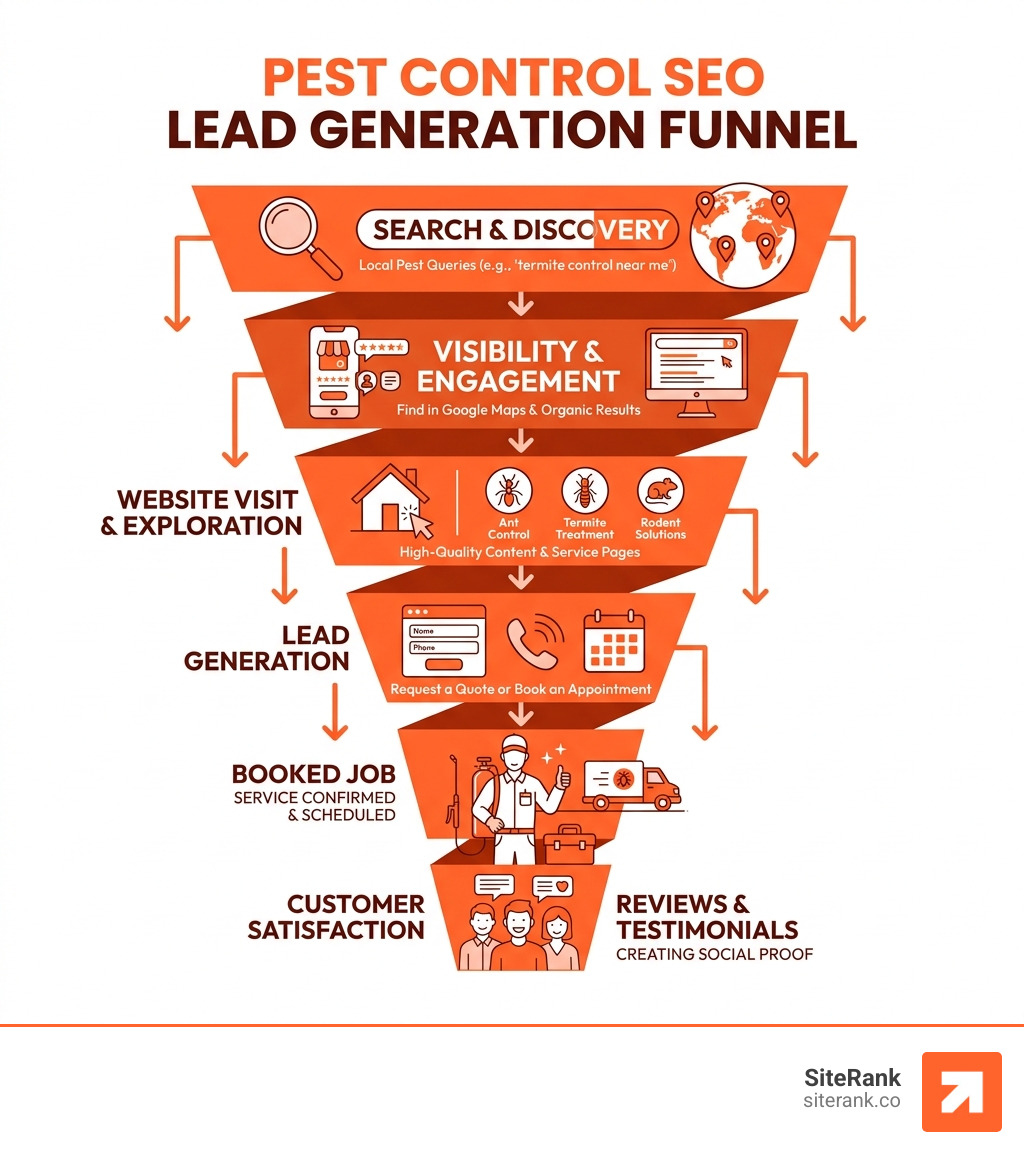 SEO lead generation funnel for pest control companies showing search to booked job steps - pest control company seo SEO lead generation funnel for pest control companies showing search to booked job steps - pest control company seo