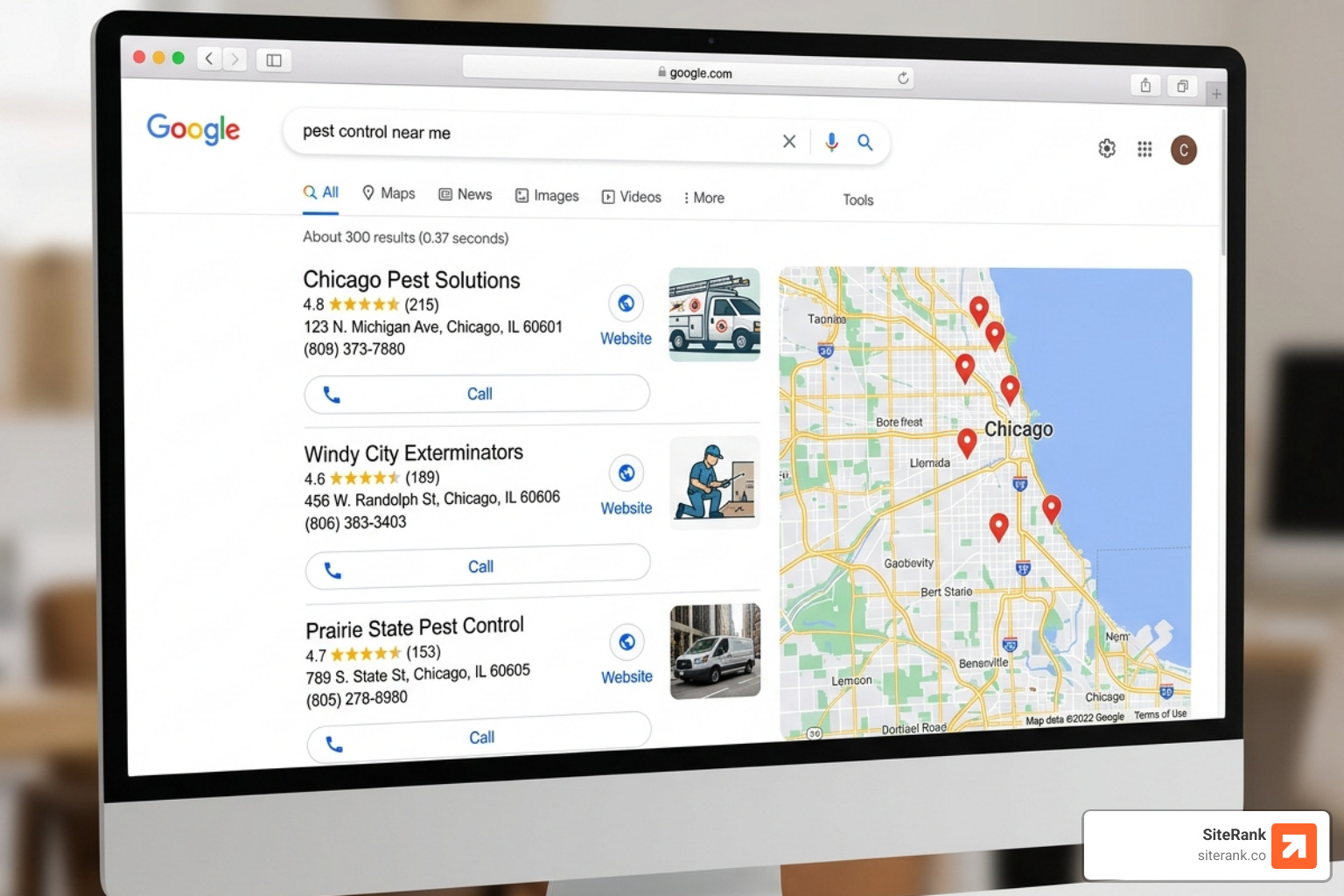 Google Maps 3-pack showing local pest control results - pest control company seo Google Maps 3-pack showing local pest control results - pest control company seo