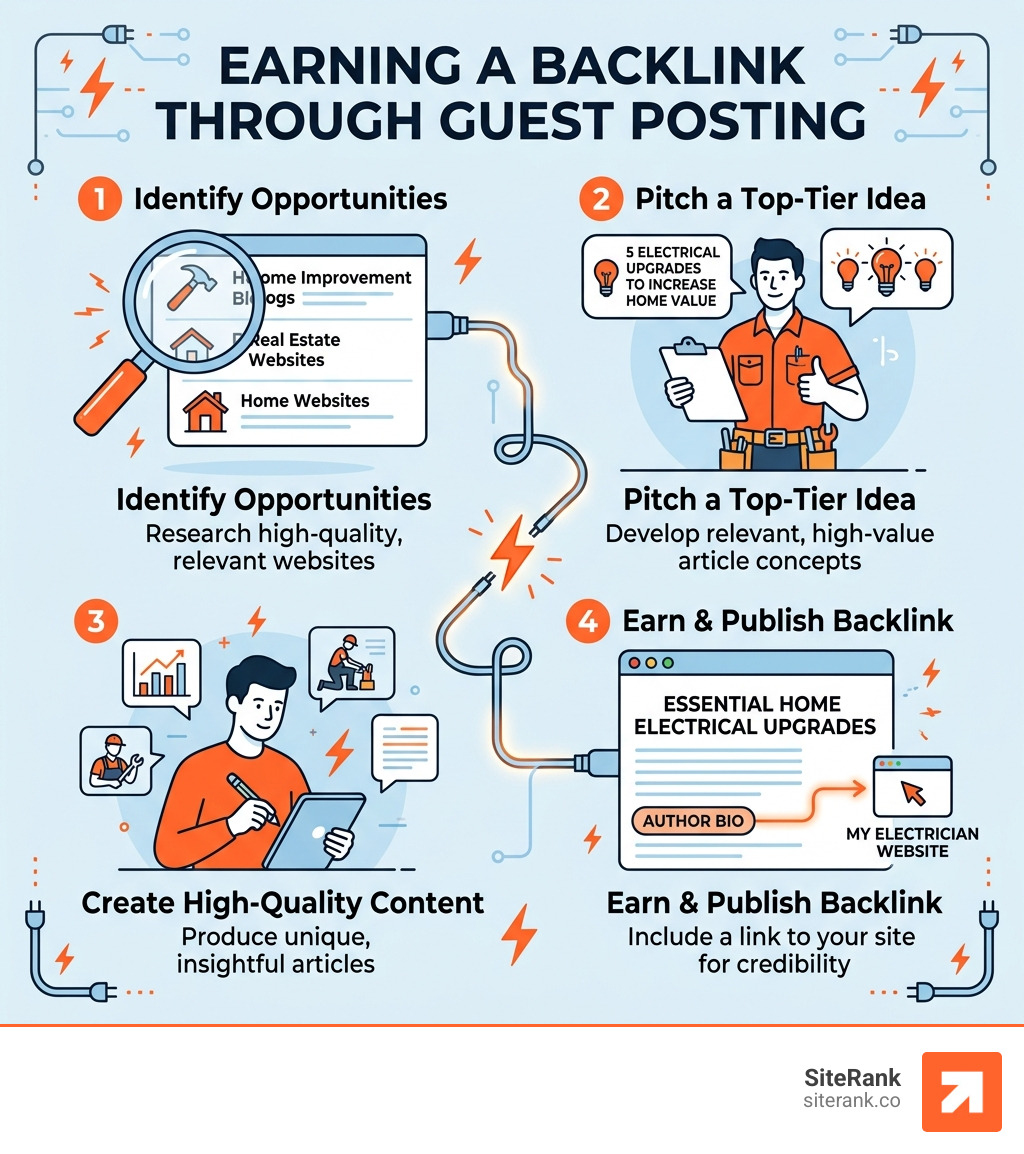 Infographic showing the process of earning a backlink through guest posting - electrician backlink building seo infographic Infographic showing the process of earning a backlink through guest posting - electrician backlink building seo infographic
