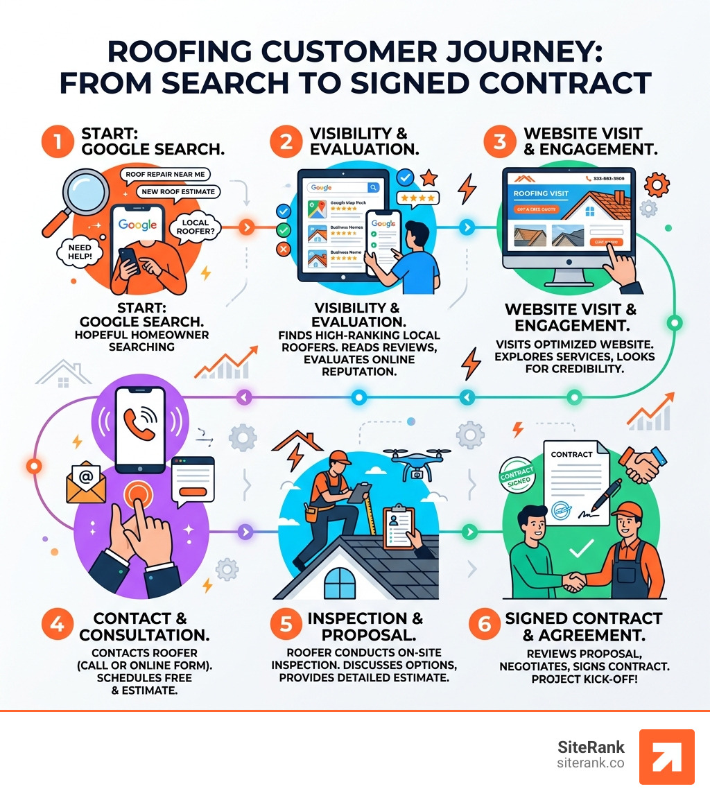 Roofing customer journey from Google search to signed contract infographic - roofers seo marketing infographic Roofing customer journey from Google search to signed contract infographic - roofers seo marketing infographic