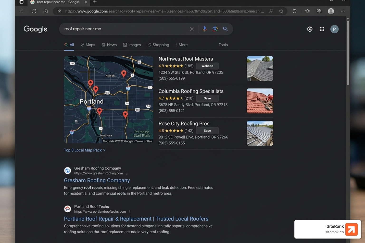 Search engine results page showing top roofing rankings for local searches - roofers seo marketing Search engine results page showing top roofing rankings for local searches - roofers seo marketing