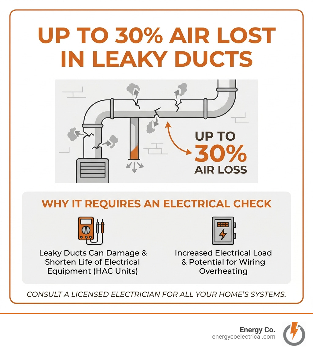 Infographic showing that up to 30% of air is lost in leaky ducts, requiring electrical checks - electrician near me Infographic showing that up to 30% of air is lost in leaky ducts, requiring electrical checks - electrician near me