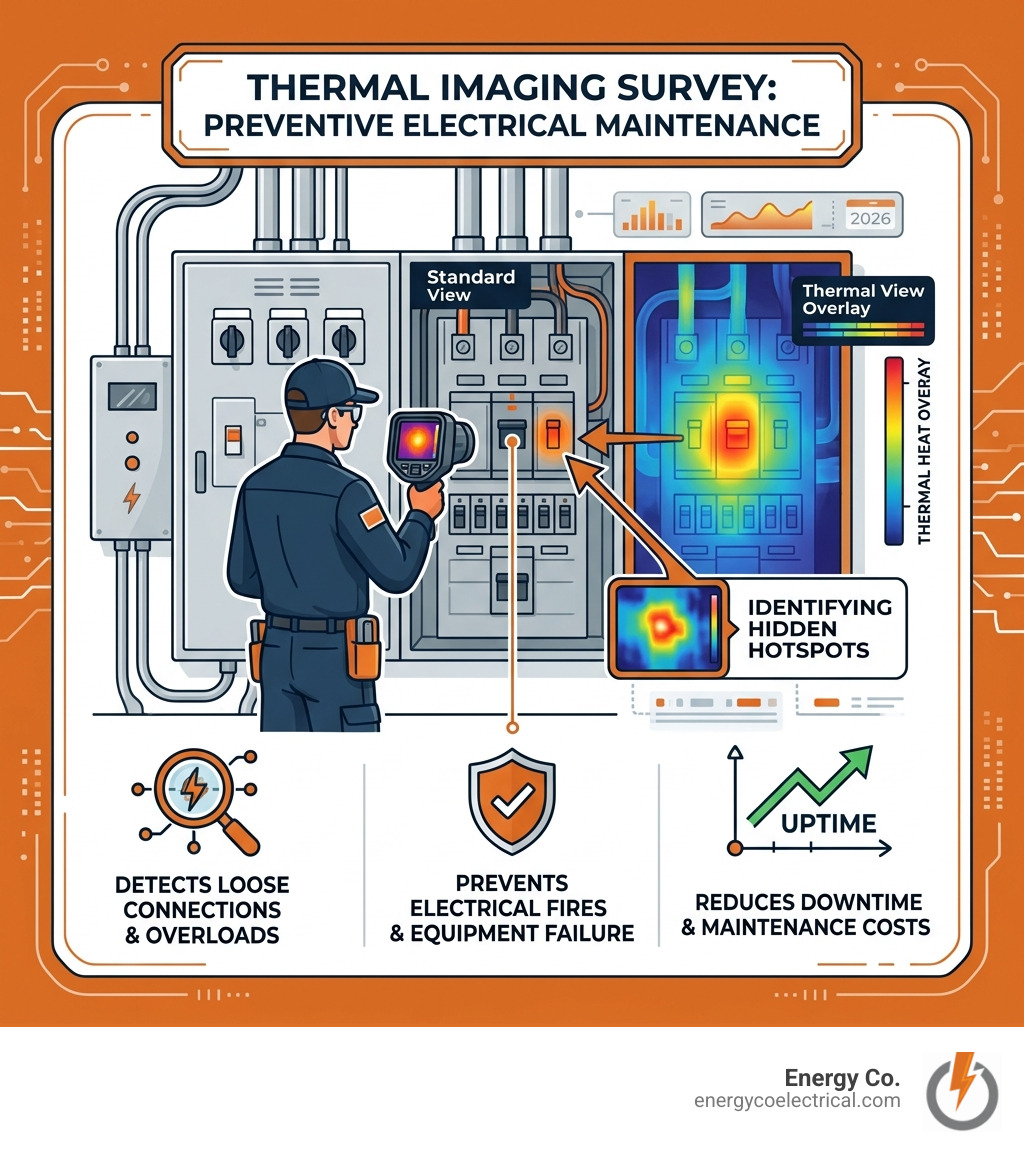 Technician performing a thermal imaging survey on a commercial electrical panel - commercial electric companies infographic 