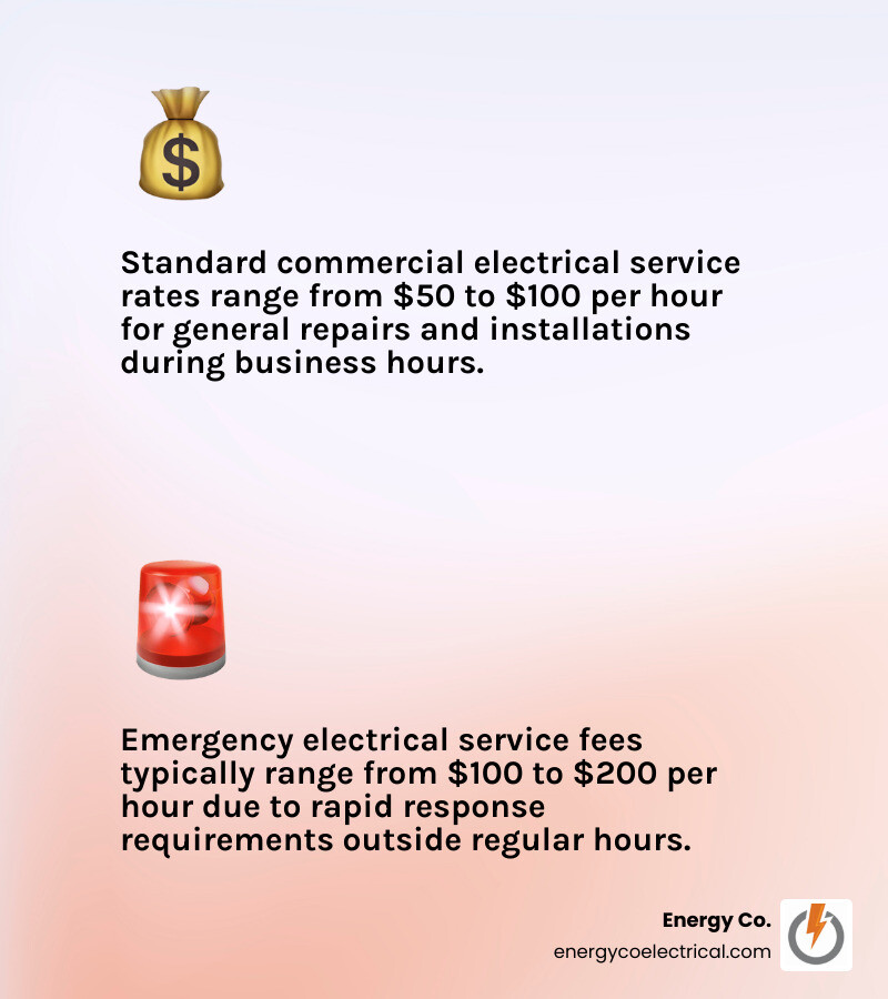 Infographic comparing standard hourly rates vs emergency service fees - commercial electrical companies near me infographic
