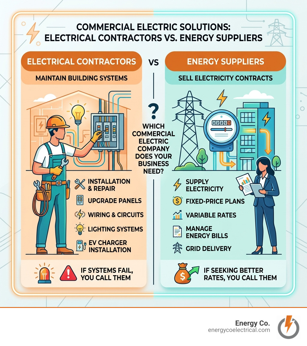 Infographic comparing electrical contractors vs energy suppliers for commercial businesses - commercial electric companies