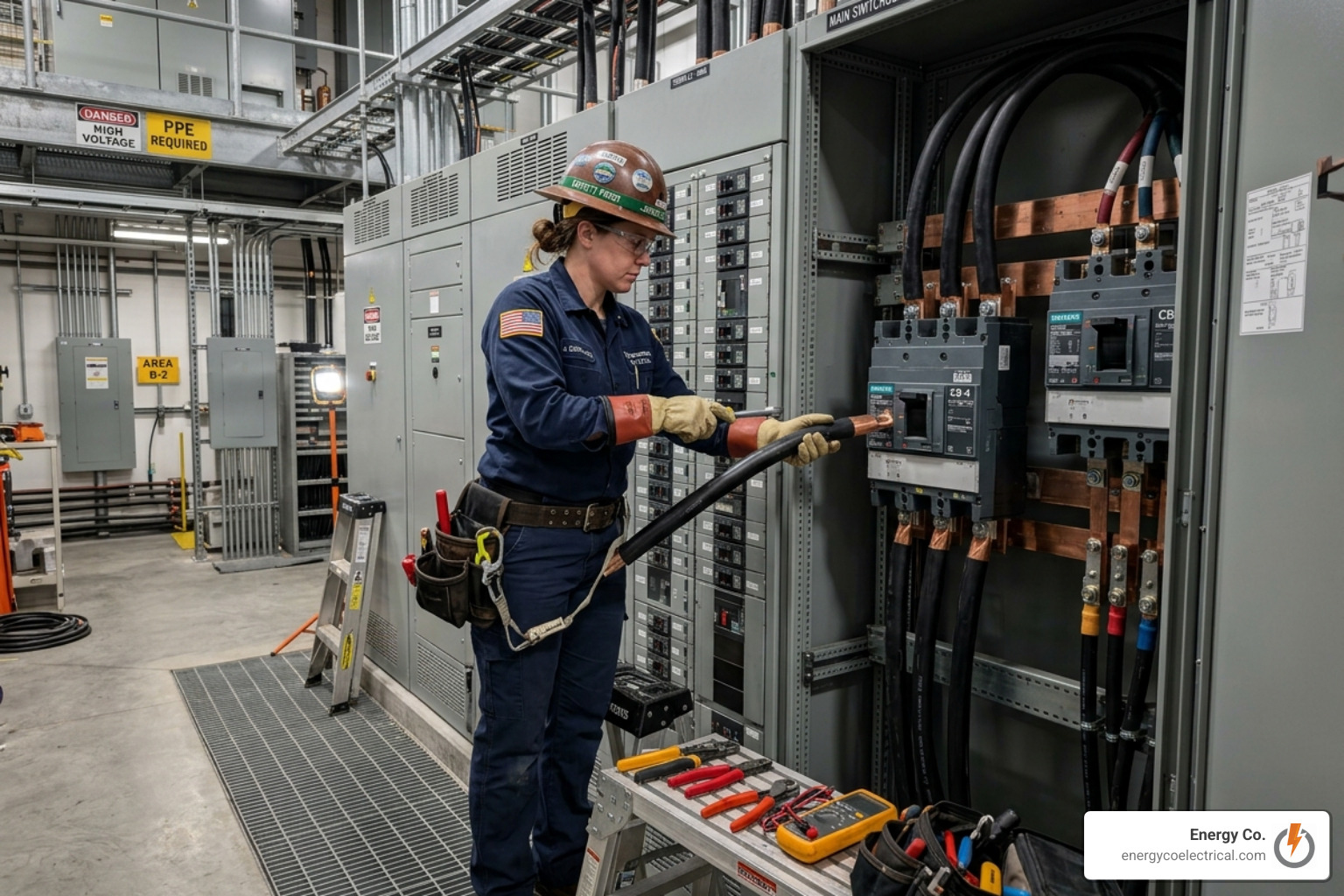 Professional electrician installing commercial switchgear and managing power distribution - commercial electric companies
