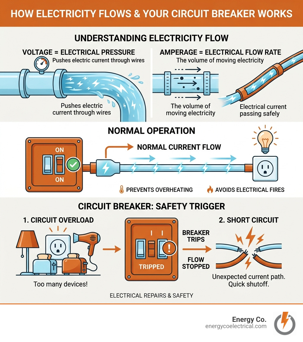 Infographic explaining the flow of electricity and circuit breaker basics - electrical repairs infographic 