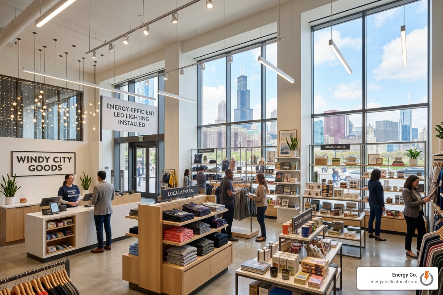 Brightly lit, energy-efficient Chicago retail space after an LED retrofit - Commercial lighting retrofit Chicago