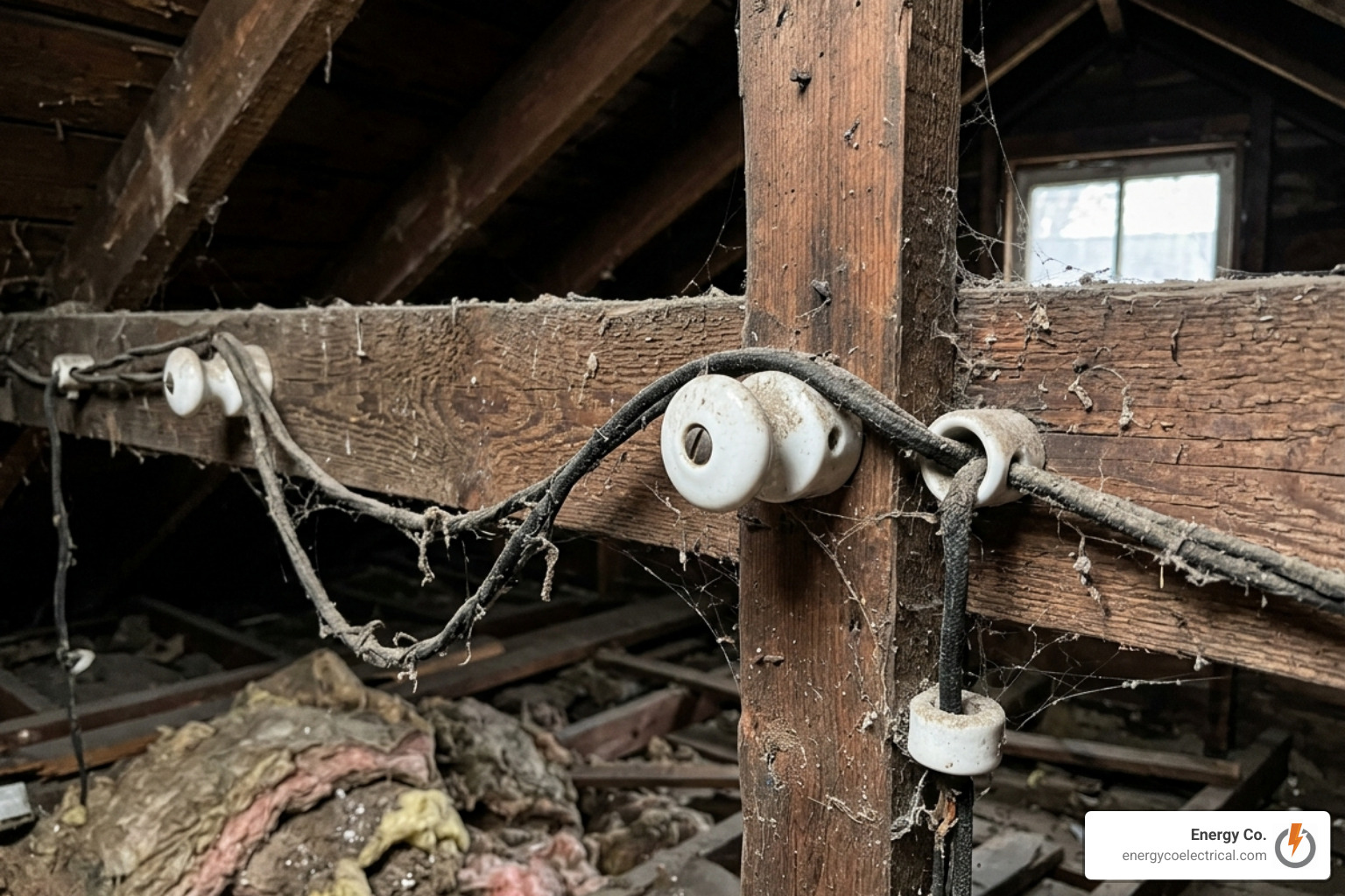 Outdated knob-and-tube wiring in a Chicago attic requiring replacement - Remodel electrician Chicagoland