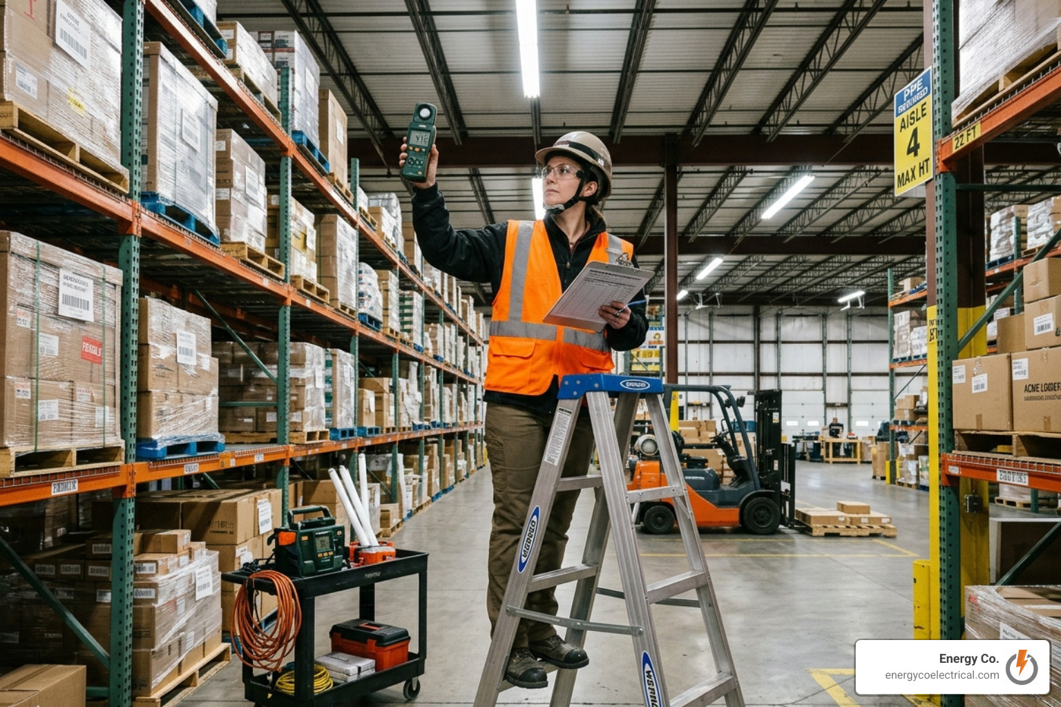 Warehouse lighting audit in progress showing light meter and inventory logging - Commercial lighting retrofit Chicago