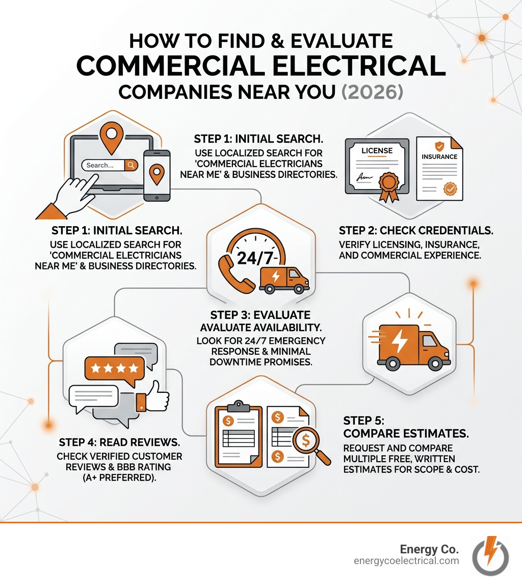 Infographic showing how to find and evaluate commercial electrical companies near me in 2026 - commercial electrical