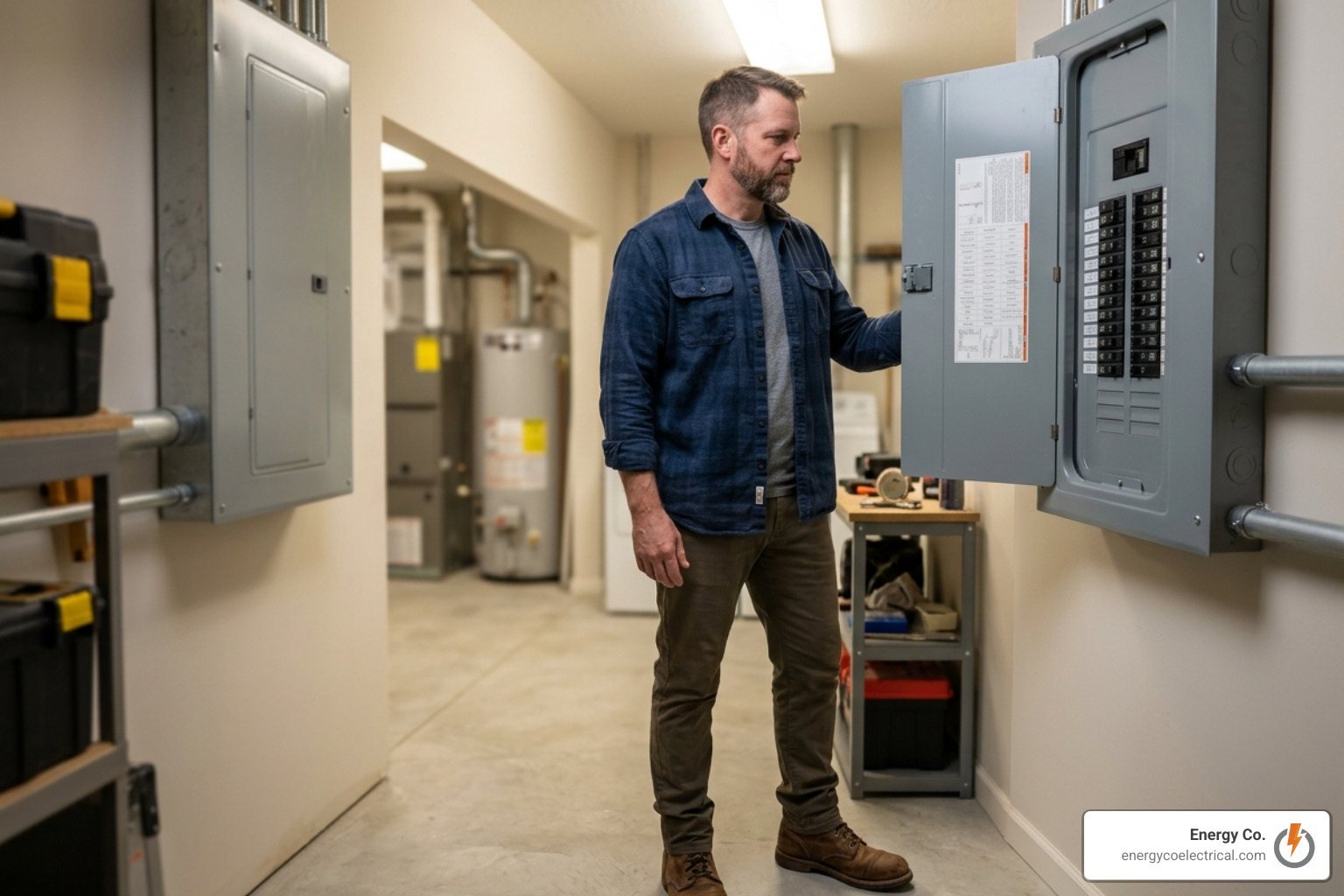 A homeowner safely standing at a main breaker panel - electrician near me emergency A homeowner safely standing at a main breaker panel - electrician near me emergency