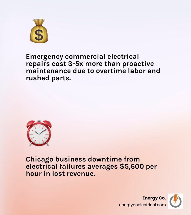 Infographic showing ROI of proactive electrical maintenance vs emergency repairs for Chicago businesses - Commercial