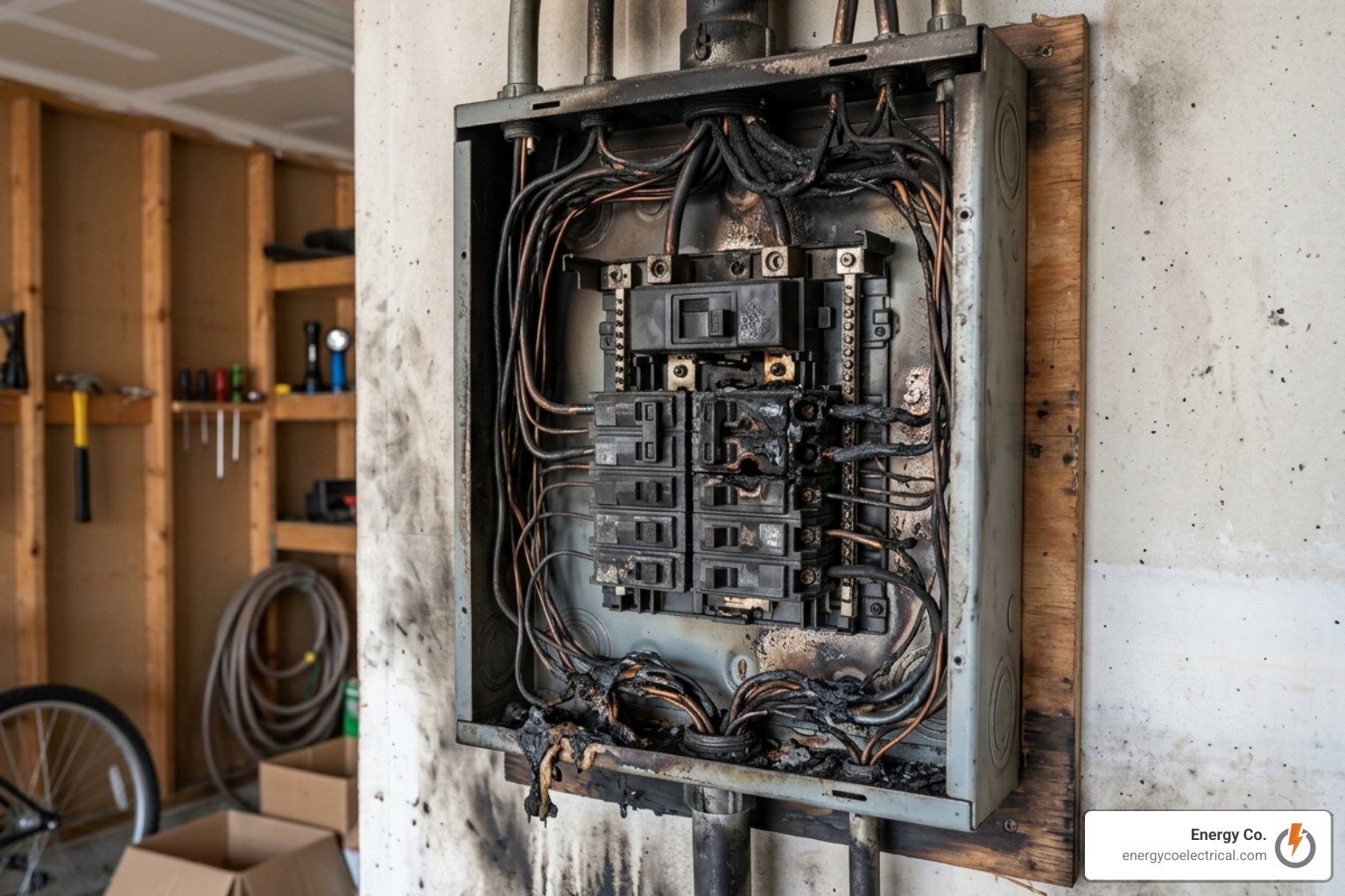 charred electrical panel showing fire damage - 24-hour emergency electrician near me