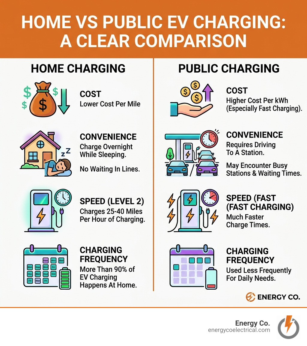 Infographic comparing home vs public EV charging: cost, convenience, speed, and charging frequency - ev charger home Infographic comparing home vs public EV charging: cost, convenience, speed, and charging frequency - ev charger home