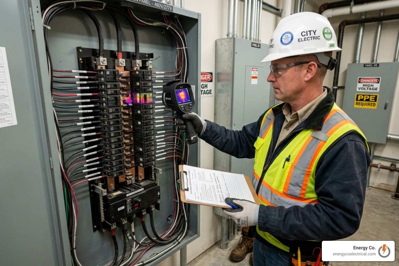 Licensed electrician performing a safety audit on a commercial system - Commercial electrical repairs Chicagoland