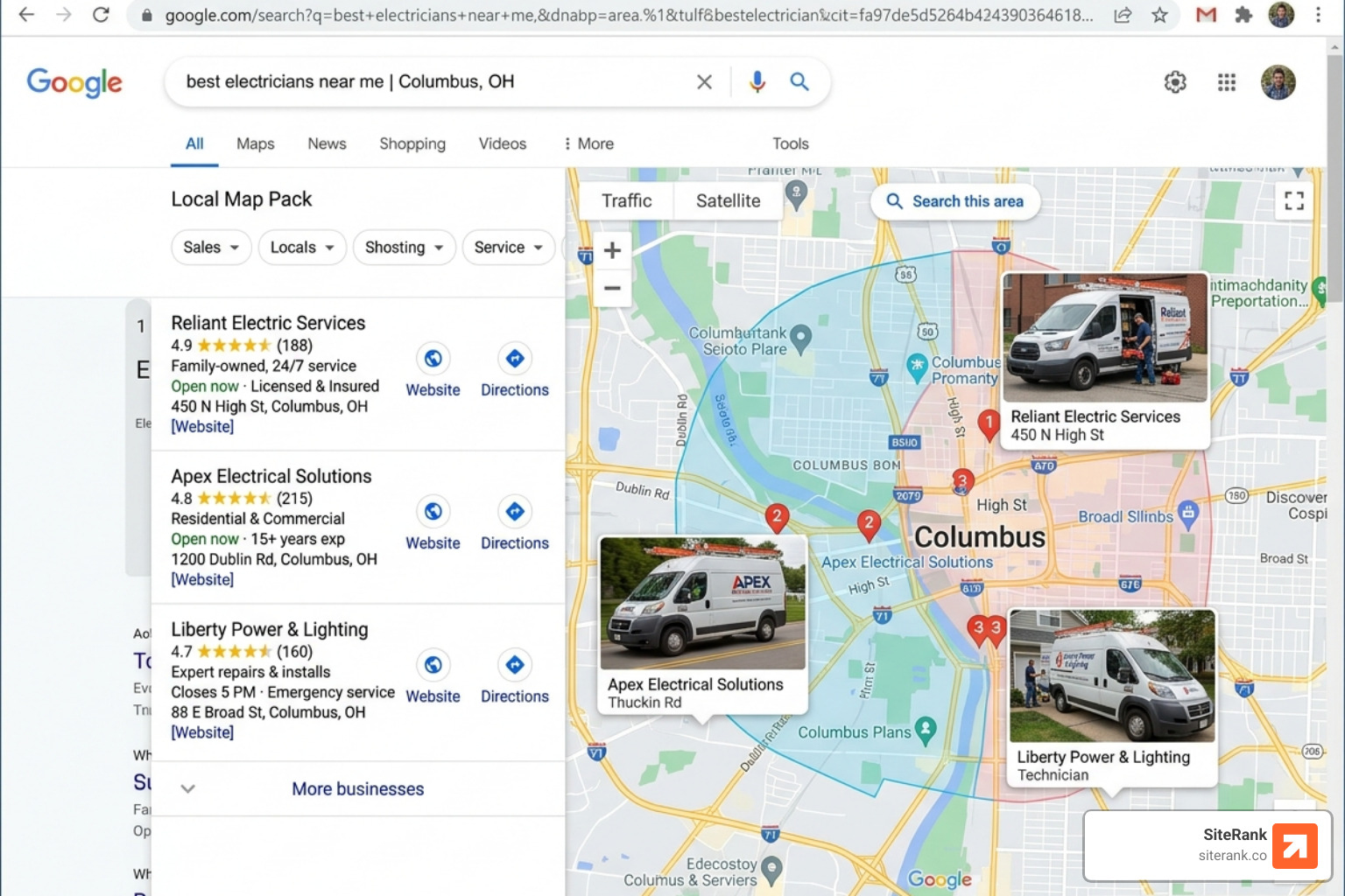 Google Map Pack showing multiple electrical branch locations in a service area - electrician multi location strategy Google Map Pack showing multiple electrical branch locations in a service area - electrician multi location strategy