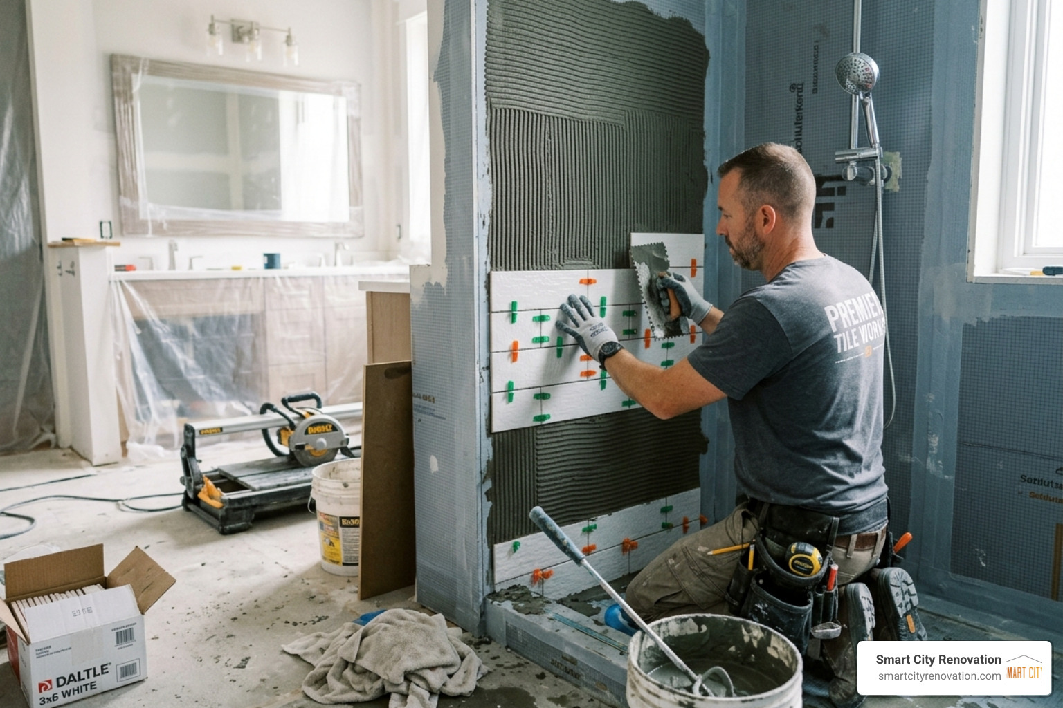 professional bathroom tile installation in progress - bathroom remodeling